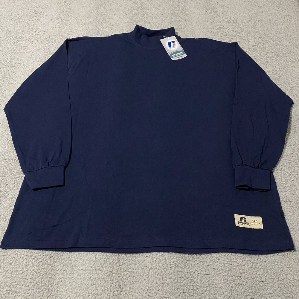 Vintage Russell Athletic Mock Neck Shirt Mens Large Navy Pro Cotton Blank NEW